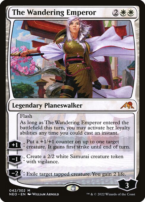 The Wandering Emperor, a four-mana white planeswalker with flash that can ambush attackers and protect itself, making it a forgiving first oathbreaker.