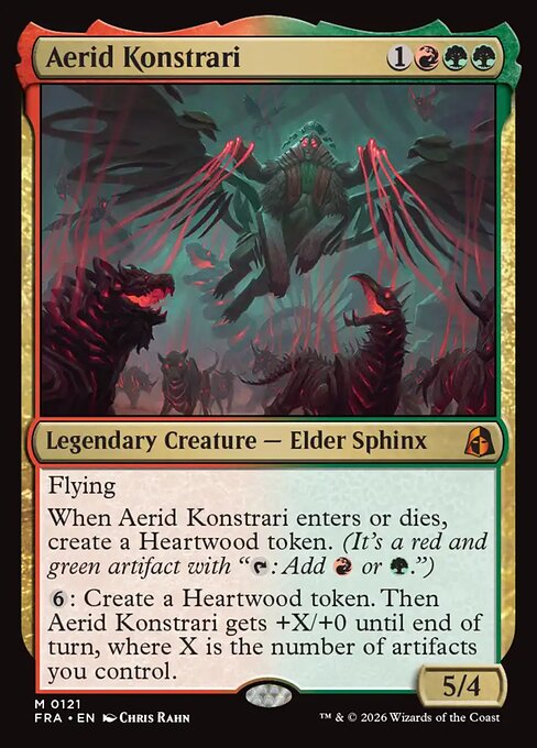 Aerid Konstrari, the red-green Elder Sphinx that creates Heartwood tokens on entering or dying.
