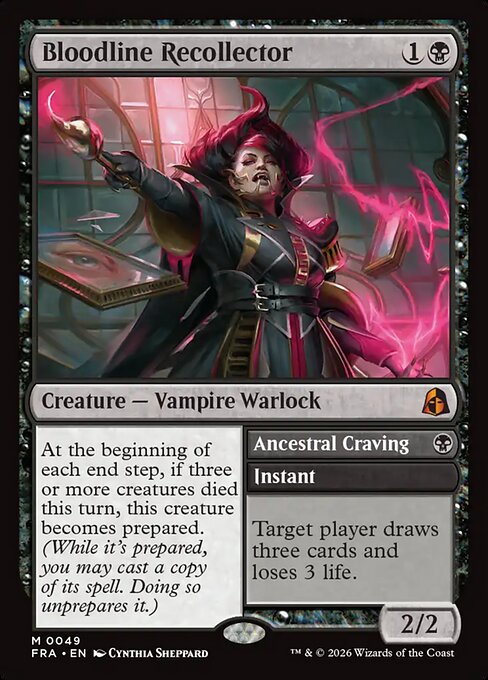 Bloodline Recollector, a one-mana mythic Vampire that becomes prepared if three or more creatures died this turn, letting you cast its Ancestral Craving half.