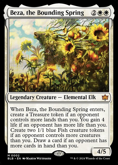 Beza, the Bounding Spring, a four-mana white legendary creature that gives you treasure, life, and a token, a value staple in recent Standard.