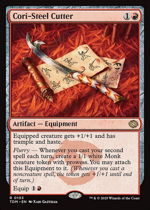 Cori-Steel Cutter, a two-mana red artifact equipment that was banned in Standard after powering oppressive aggressive and prowess decks.