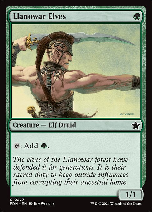 Llanowar Elves, a one-mana green Elf Druid that taps for green mana, the classic accelerant for ramp and big-mana decks.
