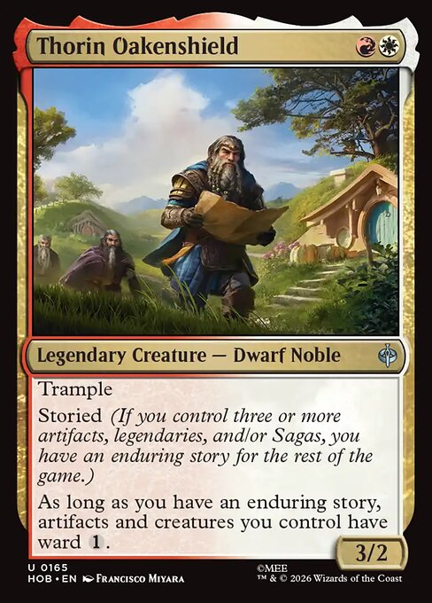 Thorin Oakenshield from The Hobbit, a two-mana red-white legendary Dwarf Noble with trample and storied that gives your artifacts and creatures ward 1 once you have an enduring story.