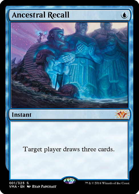 Ancestral Recall, a one-mana blue instant that draws three cards — restricted to a single copy in Vintage and considered the most efficient draw spell ever printed.