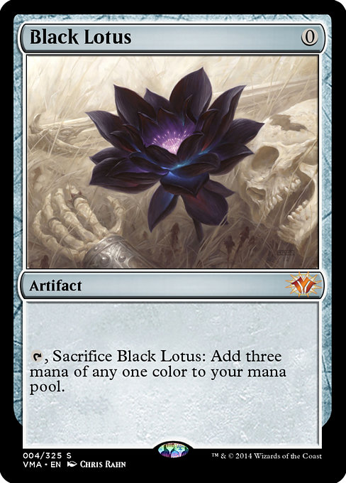 Black Lotus, the zero-mana artifact that adds three mana of one color when sacrificed — the most iconic restricted card in MTG Vintage.