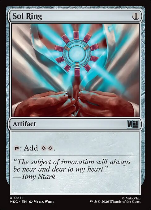 Sol Ring, a one-mana artifact that taps for two colorless — restricted in Vintage as one of the format's defining fast-mana accelerants.
