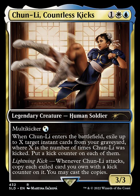 Chun-Li, Countless Kicks from the 2022 Secret Lair x Street Fighter drop, showing Chun-Li mid-kick with blurred boots — a mechanically unique multikicker design that later received an in-universe reprint as Zethi, Arcane Blademaster.