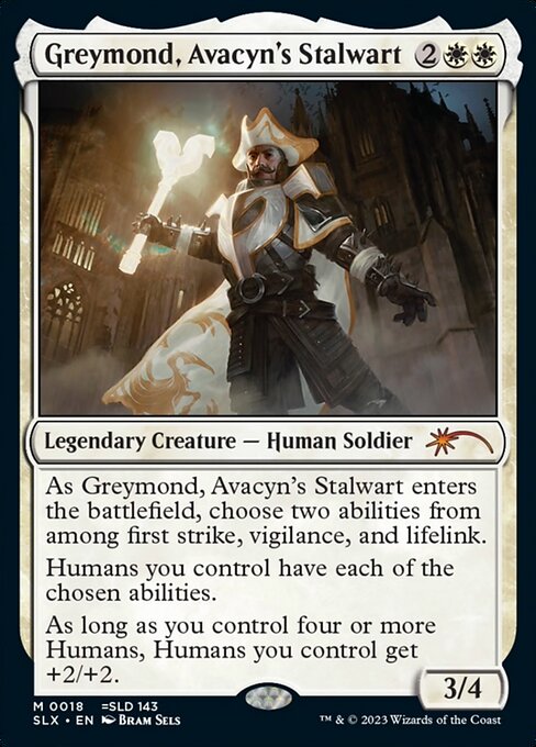 Greymond, Avacyn's Stalwart from the 2023 Universes Within Secret Lair printing, an armored soldier in white-and-gold armor holding a glowing heron-headed mace — the in-Magic-universe version of Rick, Steadfast Leader with identical rules text.