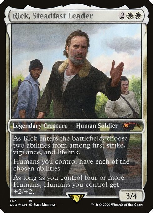 Rick, Steadfast Leader from the 2020 Secret Lair x The Walking Dead drop, showing Rick Grimes raising a hand in front of two survivors — the first Universes Beyond Secret Lair card and the precedent for licensed characters like He-Man entering Magic.