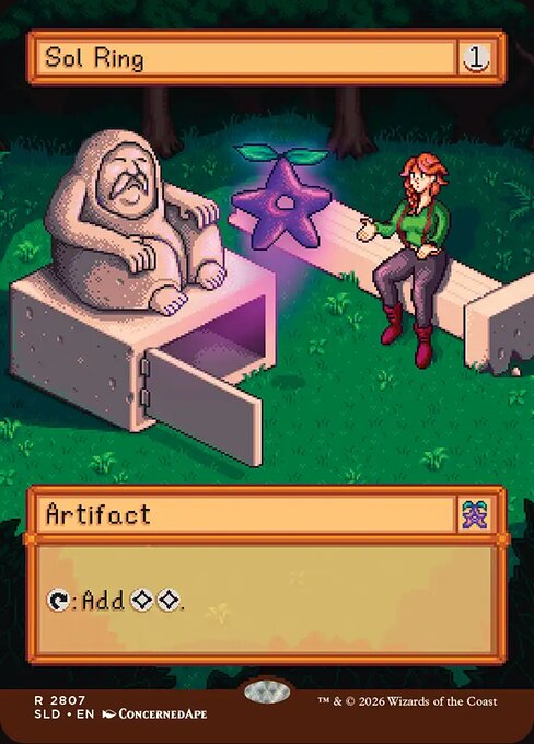 The Stardew Valley Secret Lair printing of Sol Ring, pixel art drawn by Stardew creator ConcernedApe, showing a farmer sitting beside a stone shrine with a glowing purple Stardrop fruit.