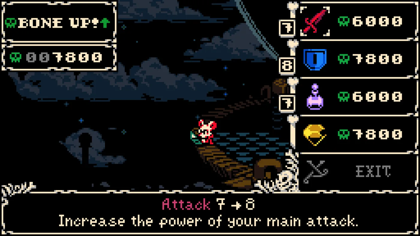 The Bone Up level-up screen in Mina the Hollower showing Attack increasing from 7 to 8 alongside Defense and other stat costs in Bones