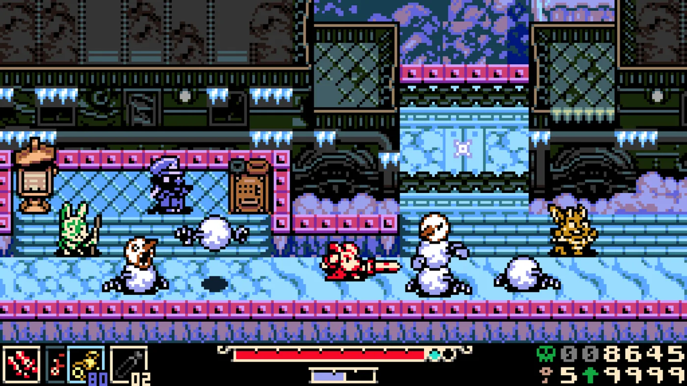 Mina fighting snowman enemies on an icy path in a frozen mountain region of Mina the Hollower