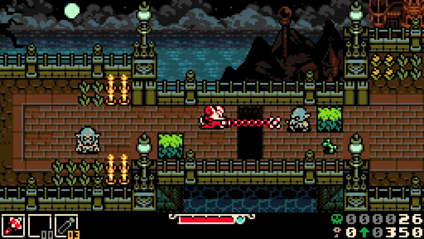 Mina swinging the Nightstar chain mace at a pale ghost enemy on a brick rampart above moonlit water in Mina the Hollower