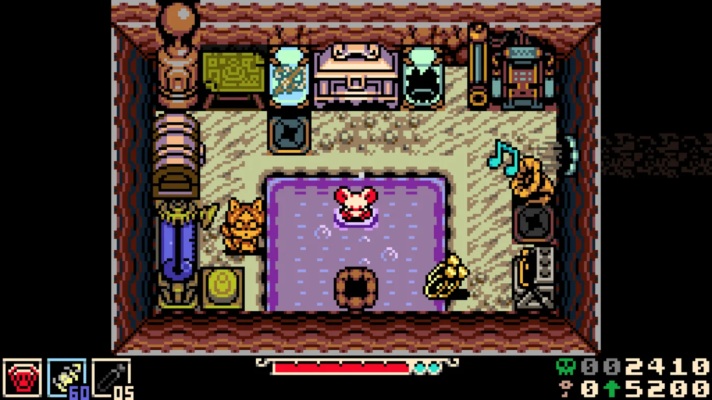 A shop interior in Ossex with a cat shopkeeper and shelves of goods in Mina the Hollower