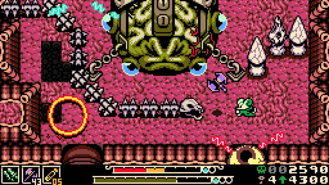 A boss chamber in Mina the Hollower with a large green frog-like face, spike traps, and Mina navigating hazards