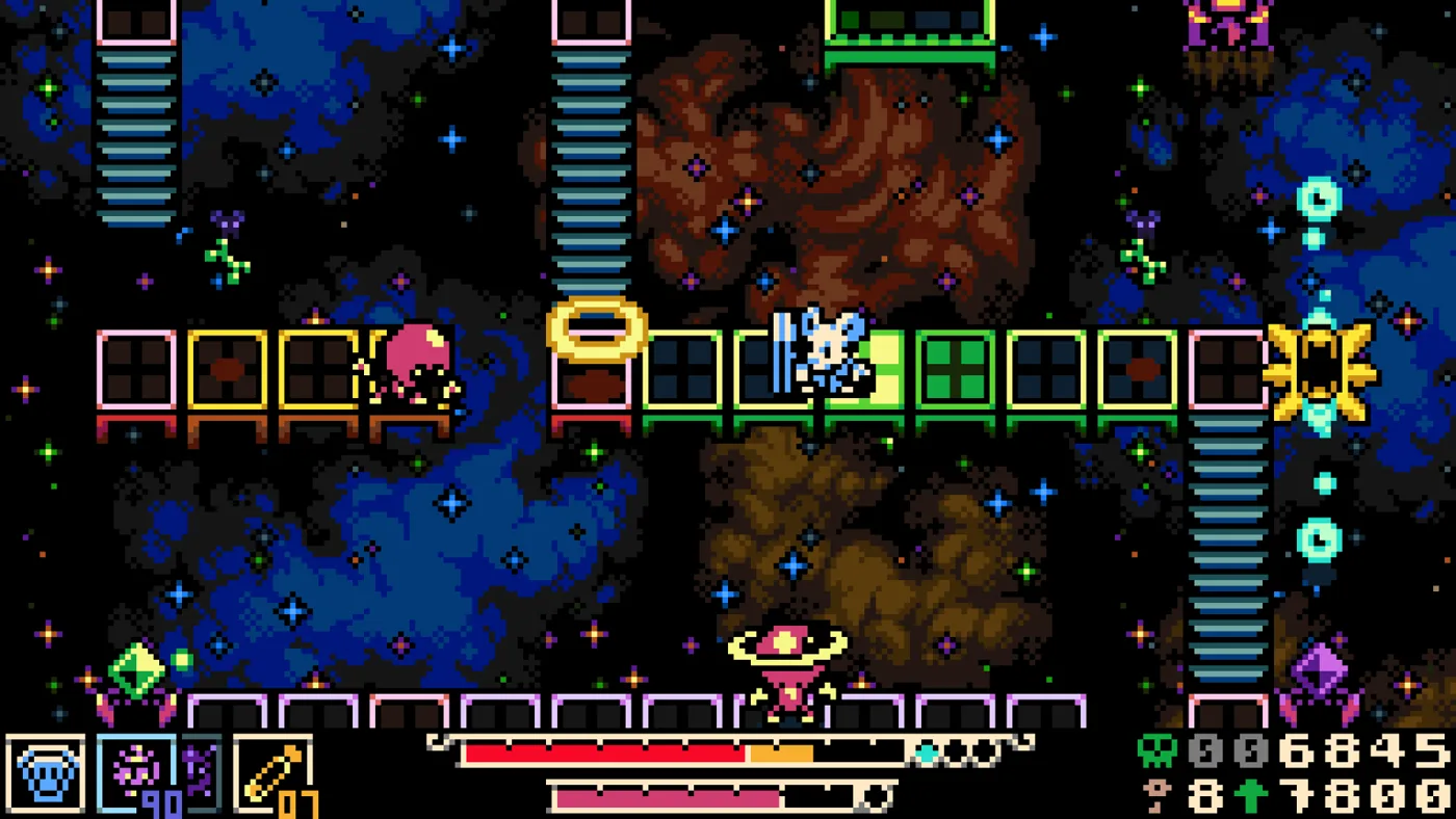 Mina crossing a row of floating platforms in a starfield dungeon filled with nebulae and hazards in Mina the Hollower
