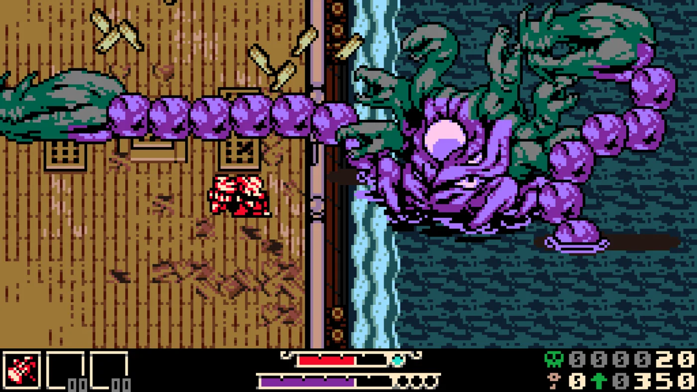 Mina facing a large purple tentacled creature beside dark water on a wooden dock in Mina the Hollower