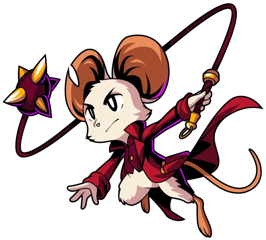 Official Mina the Hollower key art of Mina in a crimson coat swinging the spiked Nightstar mace on its chain