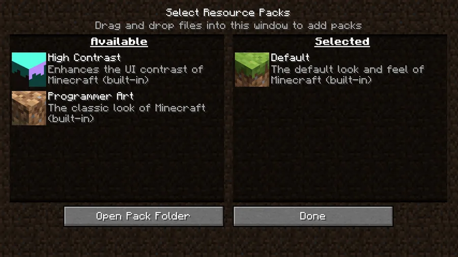The Minecraft resource pack selection menu, where you move a downloaded pack from Available to Selected.