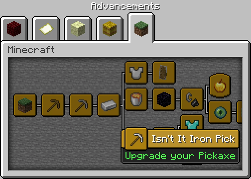 The Minecraft Java Edition Advancements screen on the Minecraft tab: gold-framed icons run from a grass block through a wooden pickaxe, a stone pickaxe and an iron ingot, then branch to iron armor, a shield, a lava bucket, obsidian, flint and steel, a golden apple and an eye of ender, with a tooltip reading "Isn't It Iron Pick" and "Upgrade your Pickaxe" and five tab icons along the top.