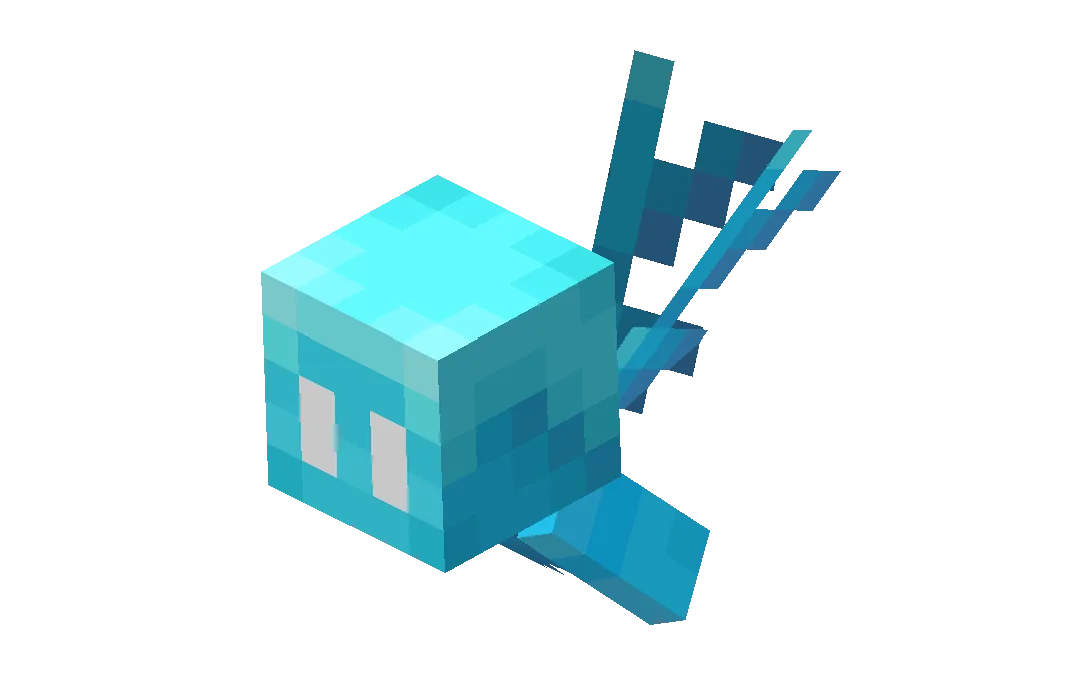 A Minecraft allay glowing and floating near a music source, the dancing state in which feeding it an amethyst shard splits it into two.