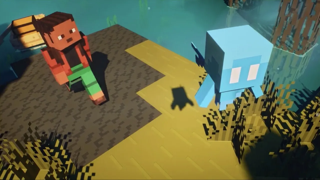 A blue Minecraft allay hovering in a swamp biome — the flying mob that collects dropped items for you and can be duplicated with amethyst shards.