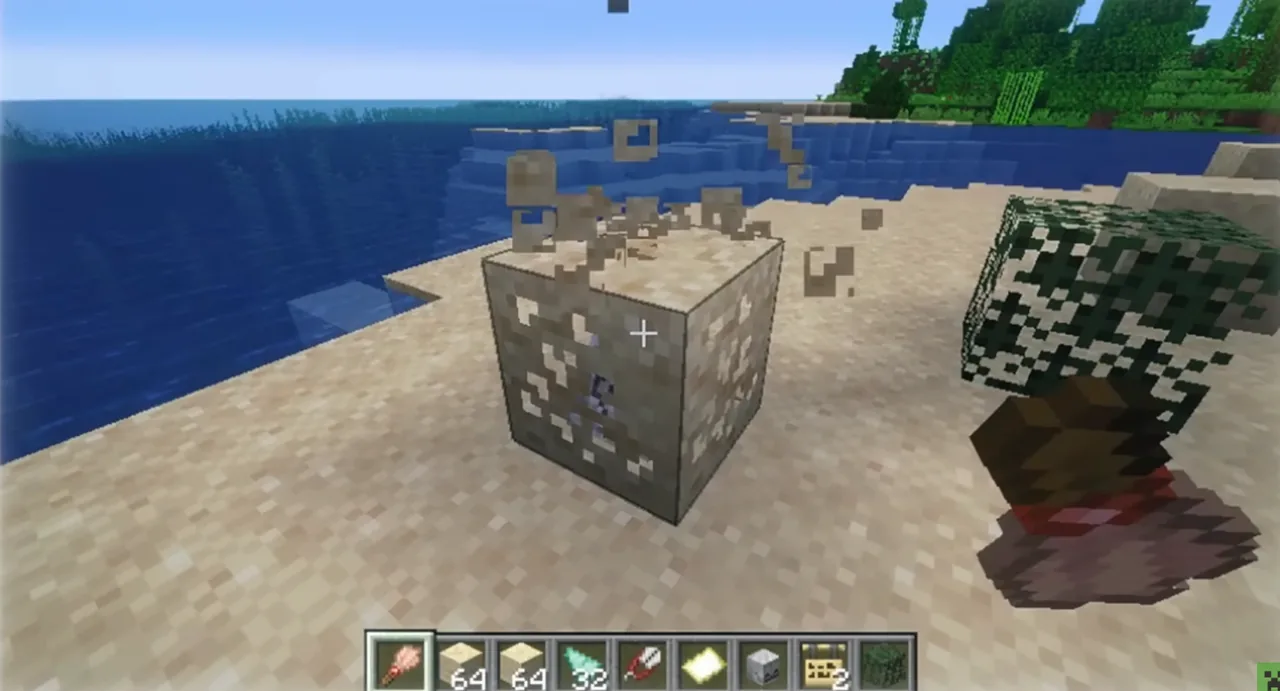A Minecraft player brushing a block of suspicious sand, the dusted surface slowly revealing a hidden item underneath.