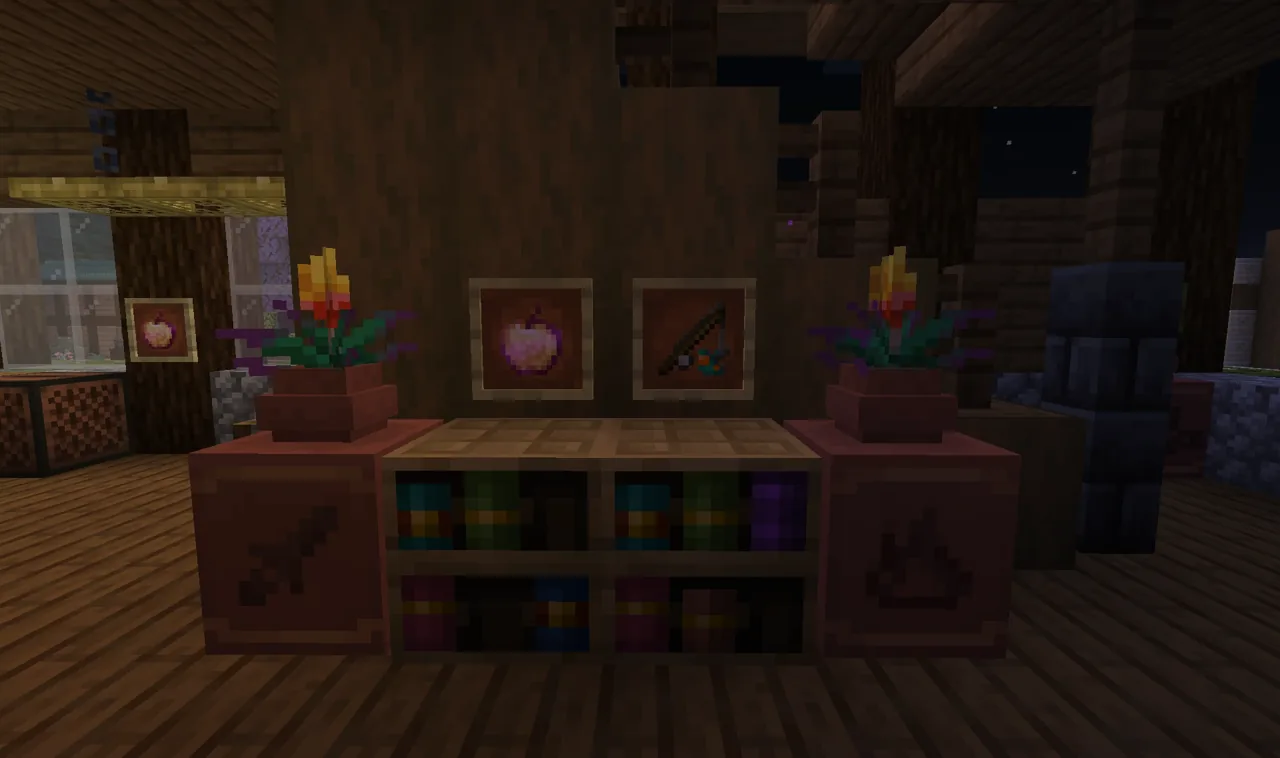 A row of Minecraft decorated pots in-game, each displaying a different pottery sherd pattern on its sides.