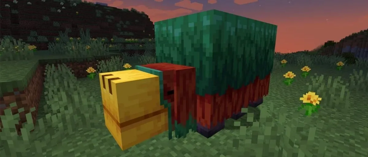 A Minecraft Sniffer, the large ancient passive mob hatched from a Sniffer egg that digs up torchflower and pitcher plant seeds.