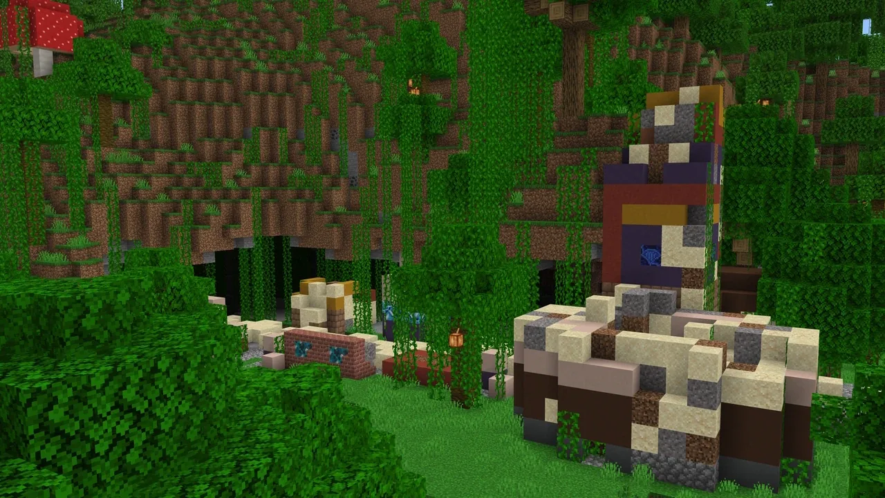 A Minecraft trail ruins structure half-buried in a jungle biome — the dig site where you brush suspicious gravel for pottery sherds and armor trims.