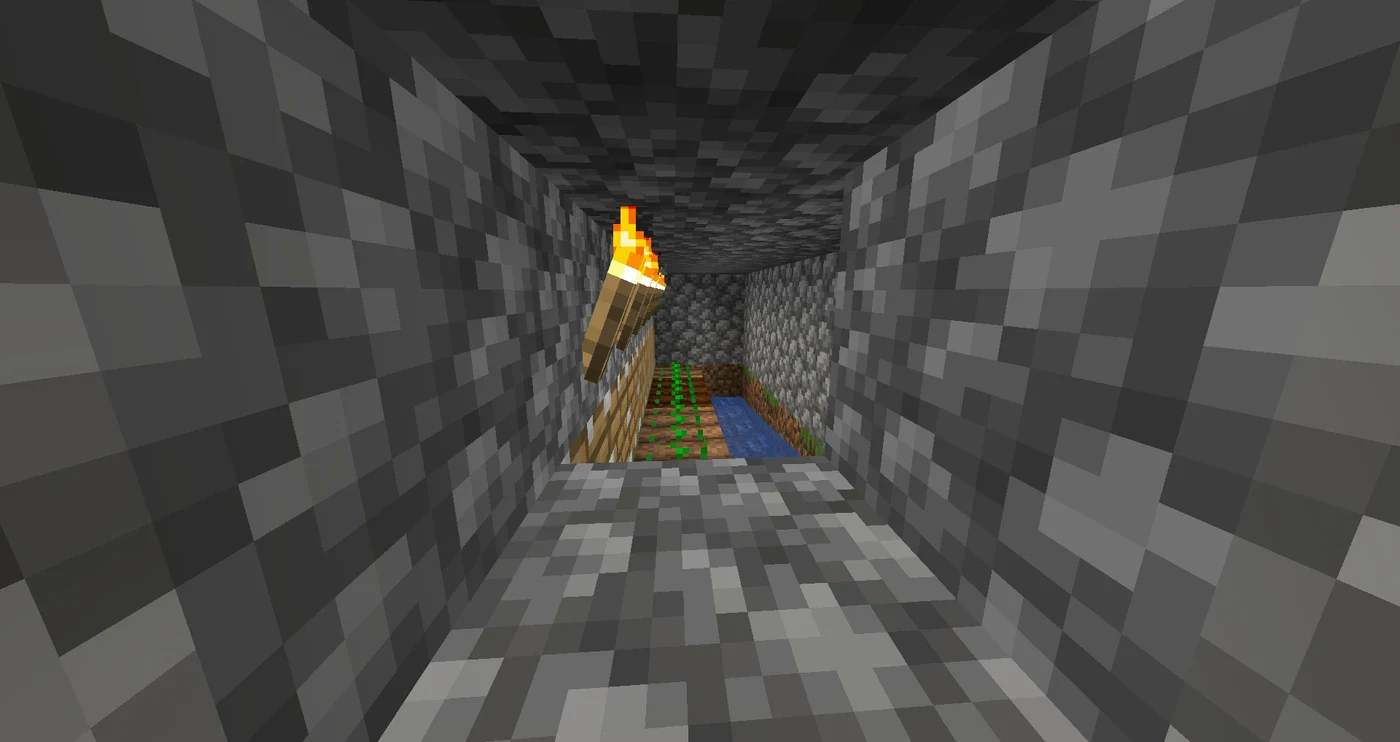Minecraft pistons arranged in a working farm contraption, breaking blocks into a collection channel below