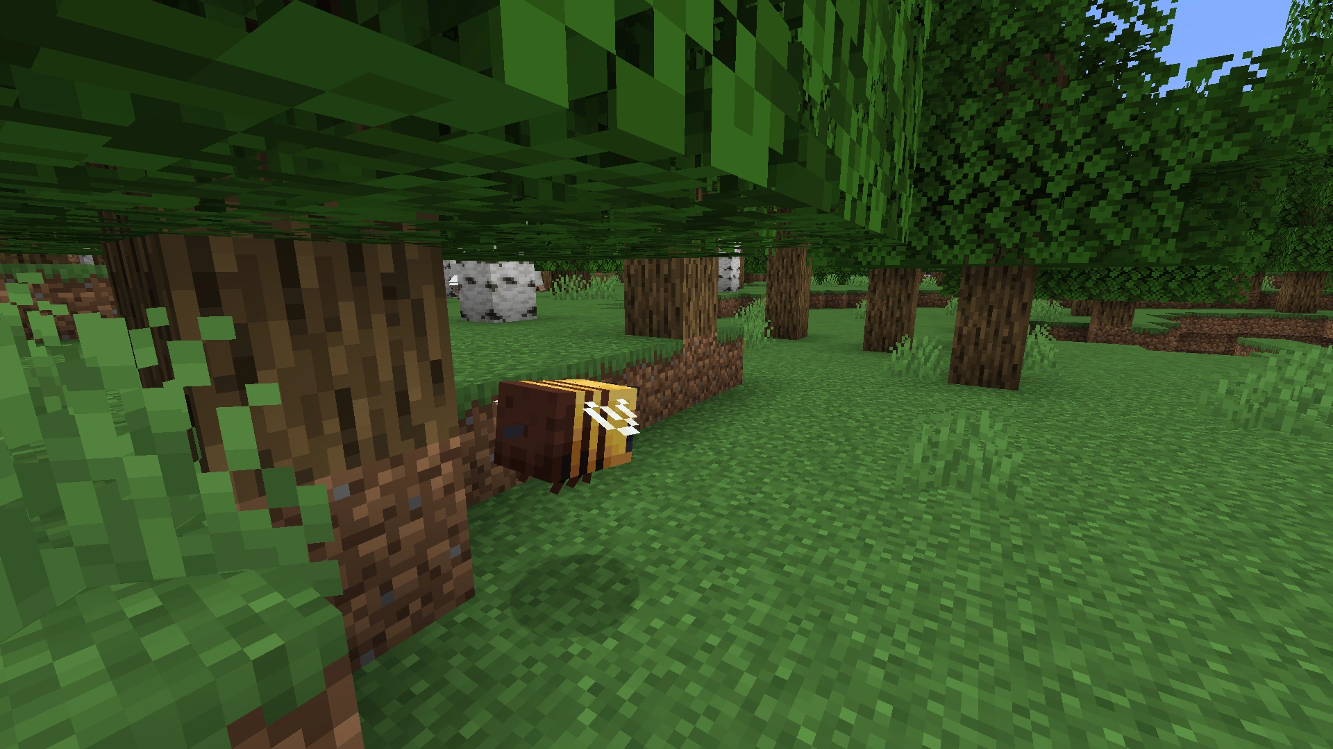 A Minecraft bee hovering in a forest — passive unless provoked, it pollinates flowers and fills nests with honey.