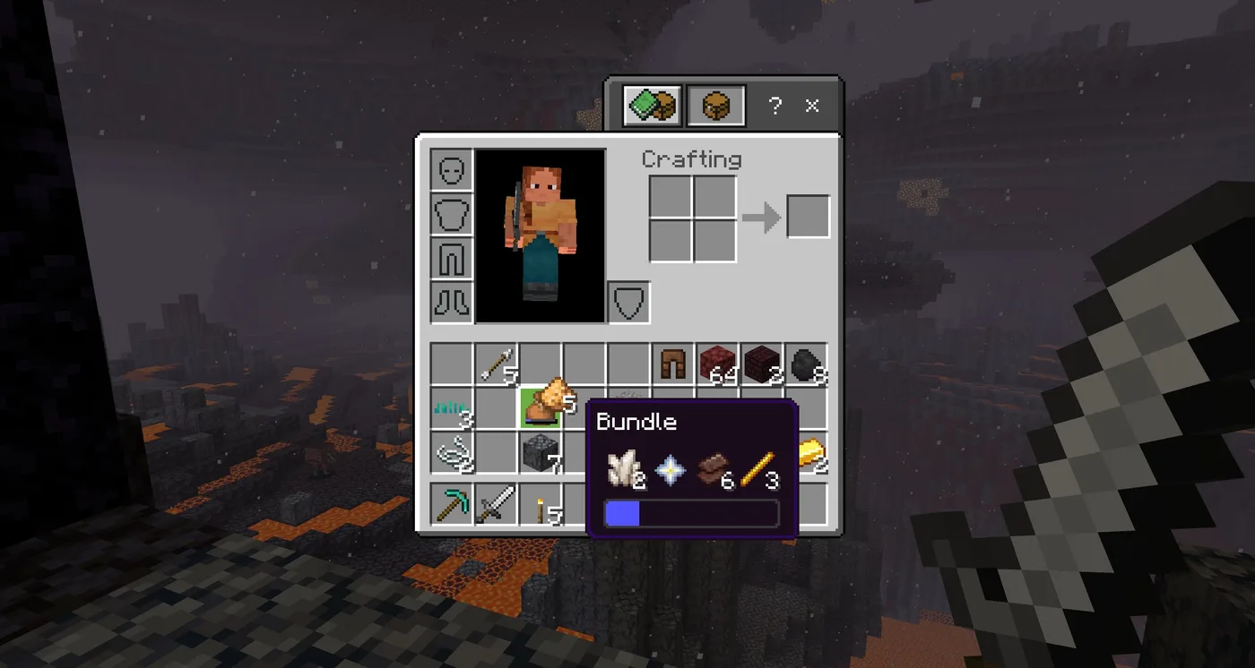 A Minecraft inventory screen open in the Nether with a bundle selected, its tooltip expanded to show four mixed item types above a partly filled blue fullness bar.