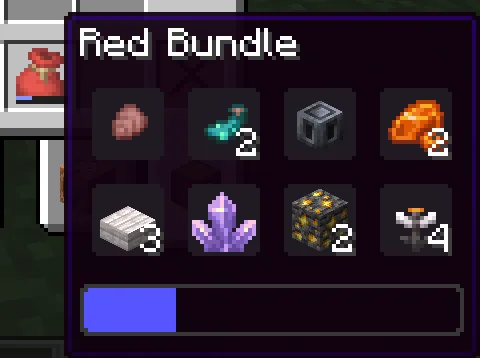 A red bundle tooltip in Minecraft showing eight different item types across two rows, above a blue fullness bar that is about a third full.