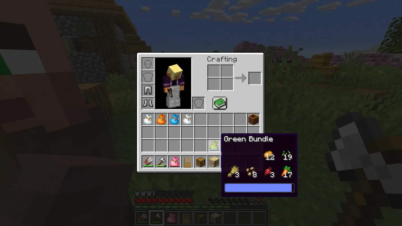 A green bundle tooltip open in the Minecraft inventory, showing six different crop and food item types held in a single slot above a partly filled blue fullness bar.