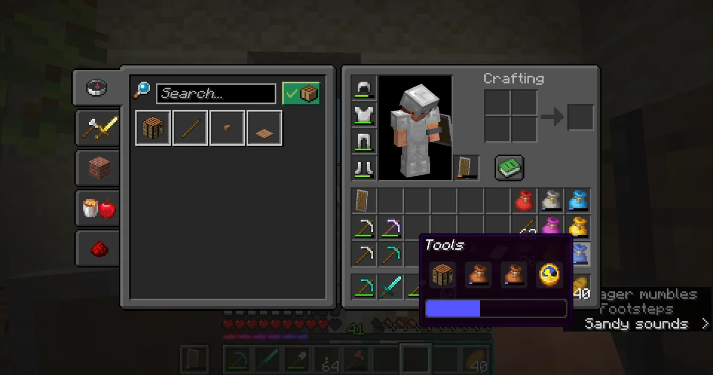A Minecraft bundle renamed Tools, its tooltip open to show a crafting table, two nested bundles each with their own fullness bar, and a clock.