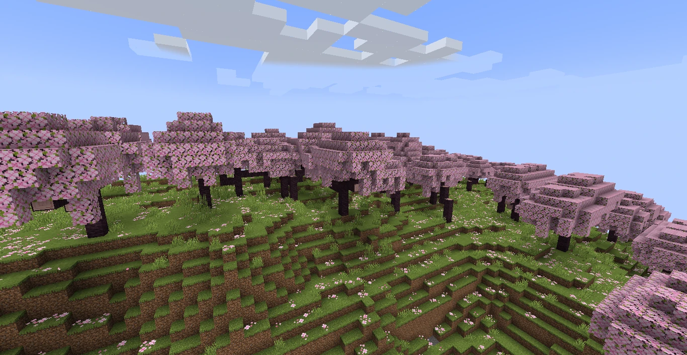 A Minecraft cherry grove biome with pink-leaved cherry trees on rolling green hills under a clear sky.