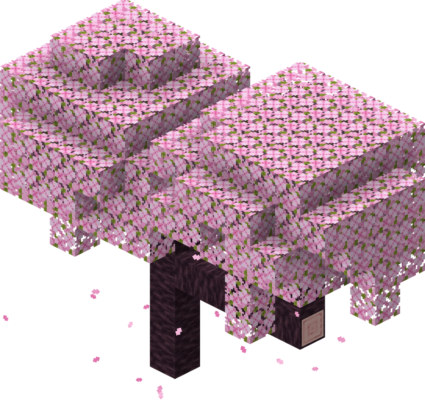 A single Minecraft cherry tree with pink leaves and curved branches, the exclusive tree of the cherry grove biome.