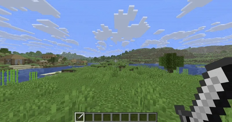 First-person view of a Minecraft player mid-swing with a diamond sword over a grassy plain near a village.
