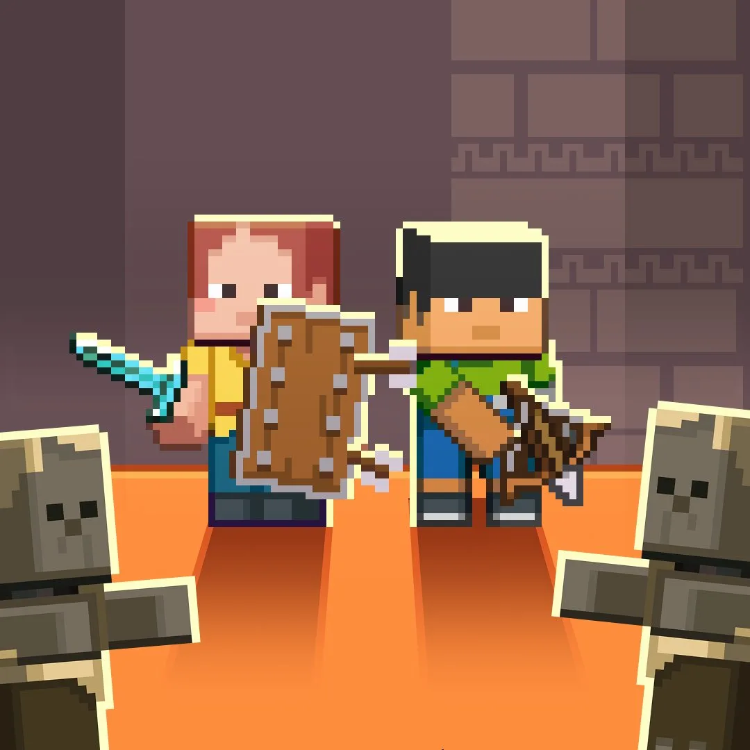 Stylized Minecraft artwork of two characters, one holding a diamond sword and a raised wooden shield, standing back to back facing zombies on a stone bridge.