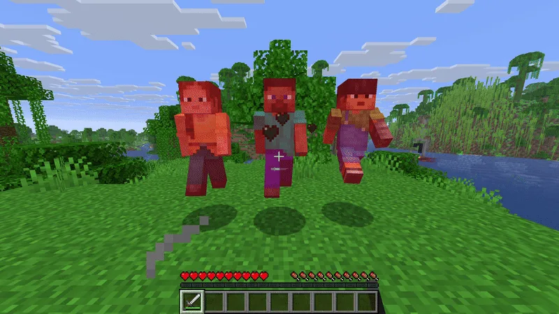 A Minecraft sword sweep attack landing on three villagers simultaneously, all three flashing red with damage indicators visible on the hotbar HUD.