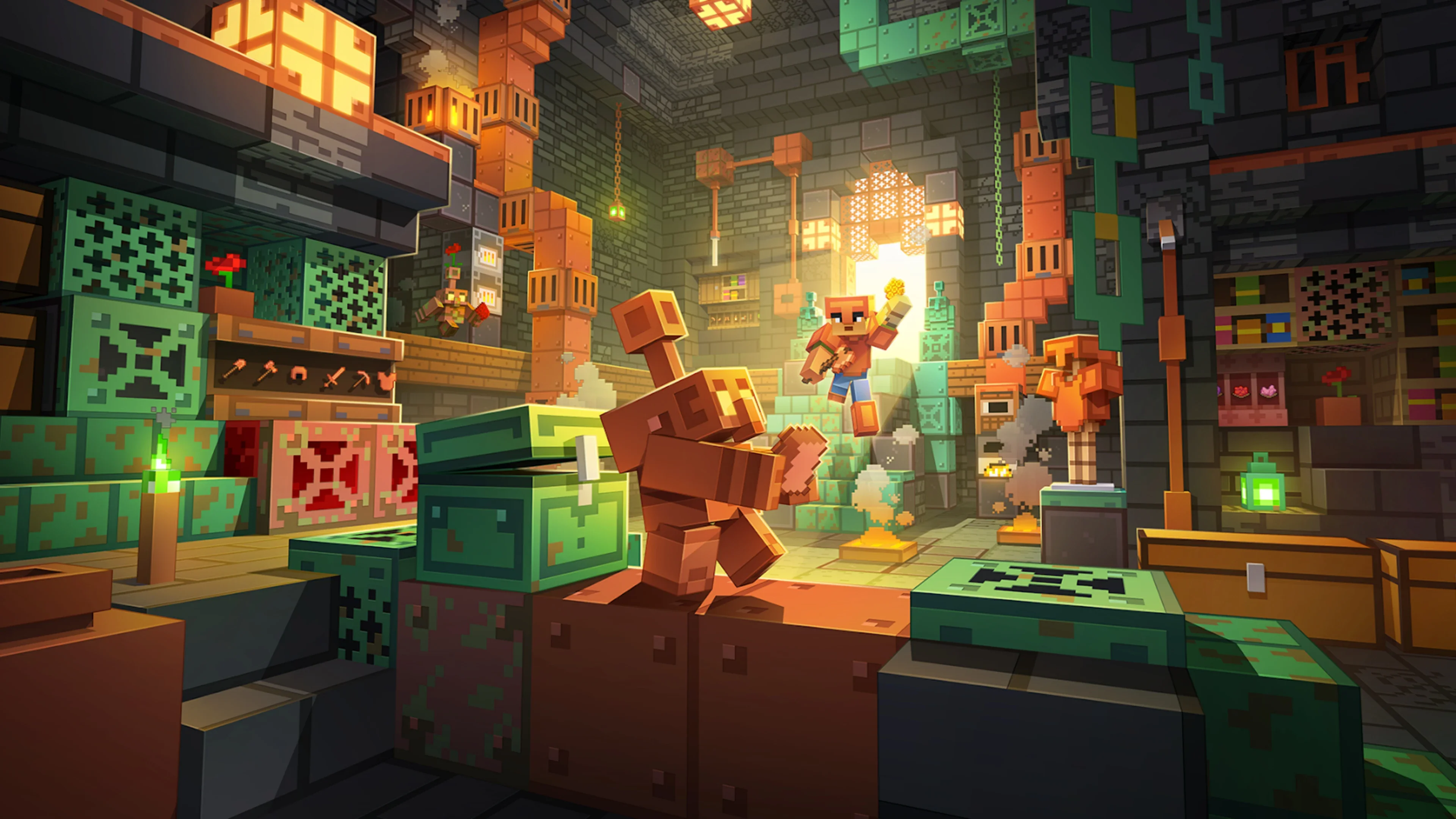 Official Minecraft Copper Age artwork: a copper golem, a copper chest, copper tools on a rack, and a player in copper armor inside a copper-block room.
