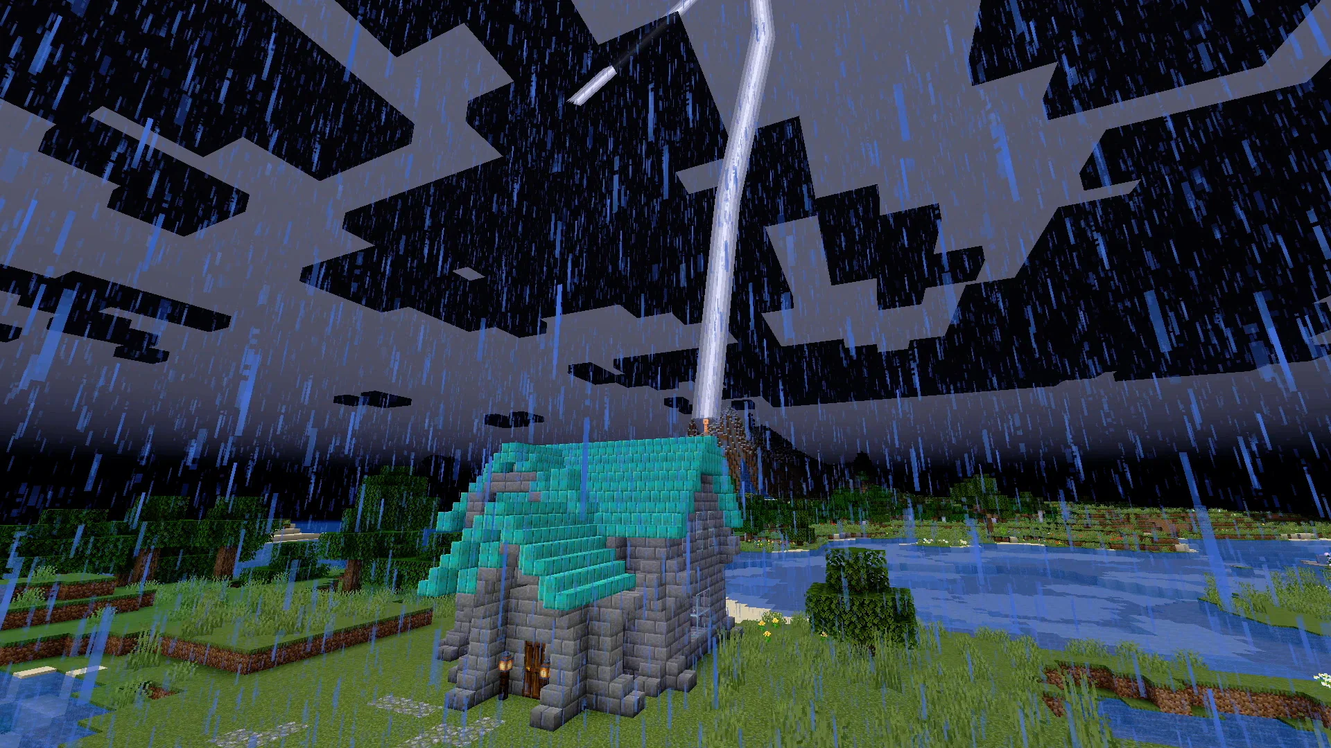A bolt of lightning striking a lightning rod mounted on the copper roof of a stone house during a thunderstorm.