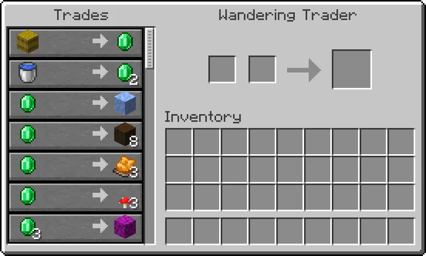 The Minecraft wandering trader trade menu, with one emerald buying three orange dye among nature offers including blue ice, logs, red mushrooms and a purple shulker box.