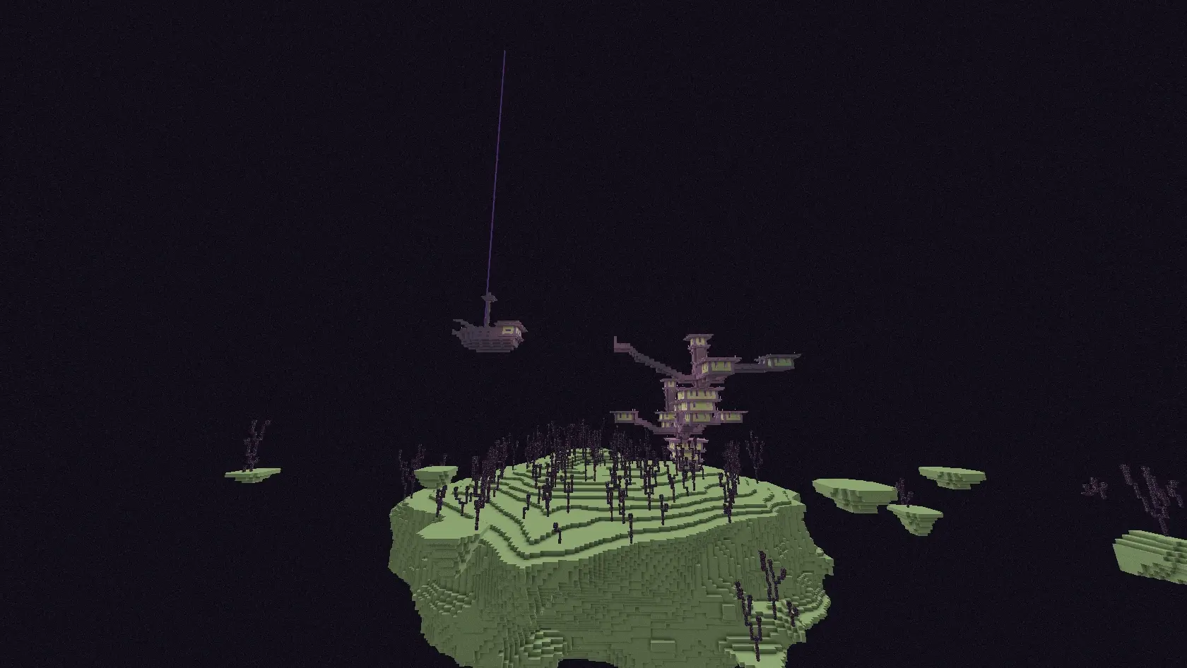 A Minecraft End city of purpur and end stone brick towers on a floating outer-island, the loot endgame past the Ender Dragon.
