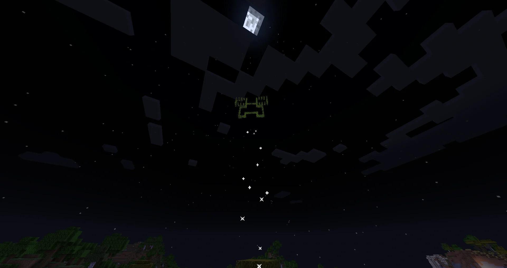 A green creeper-shaped firework exploding in the night sky, its launch trail of sparks still visible below it โ the shape you get from adding a mob head to the star.