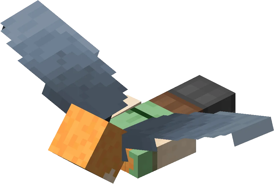 A player gliding through the air on an elytra, wings spread, the standard way to fly once you pair it with firework rockets.