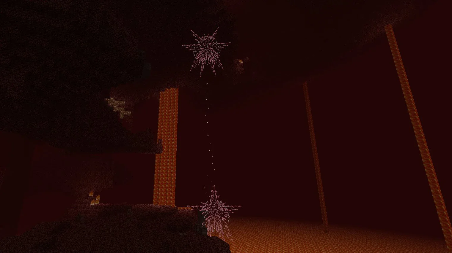 Two Minecraft firework rockets bursting into pale starbursts in a dark sky, their dotted launch trails still visible streaking up from the ground below.