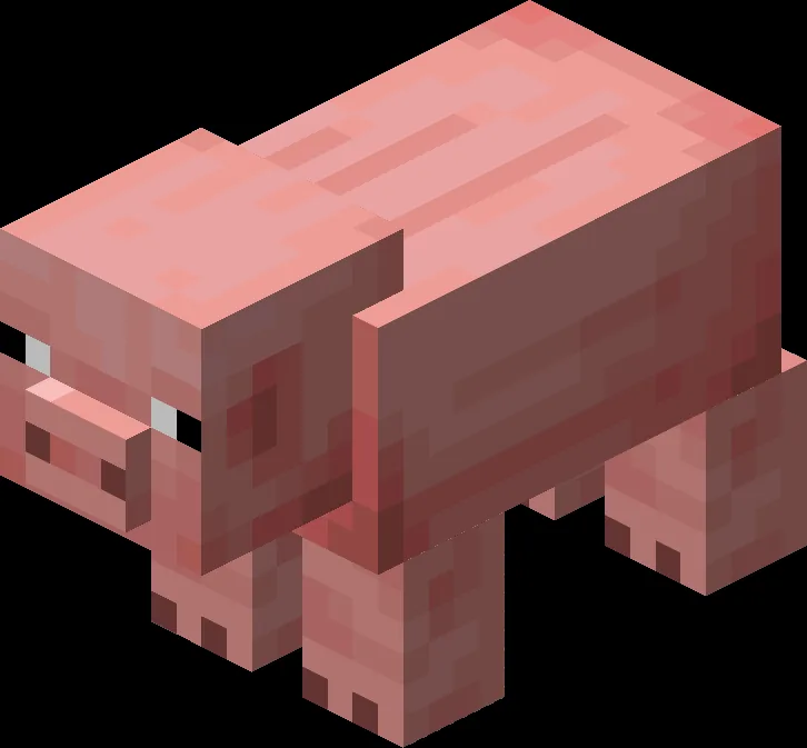 A Minecraft pig — the source of porkchops, one of the highest-saturation foods in the game.