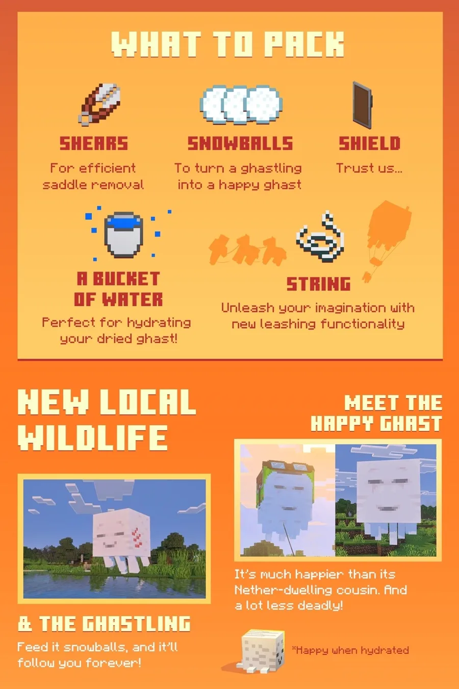Official Mojang Chase the Skies pamphlet page listing what to pack: shears, snowballs, shield, a bucket of water, and string